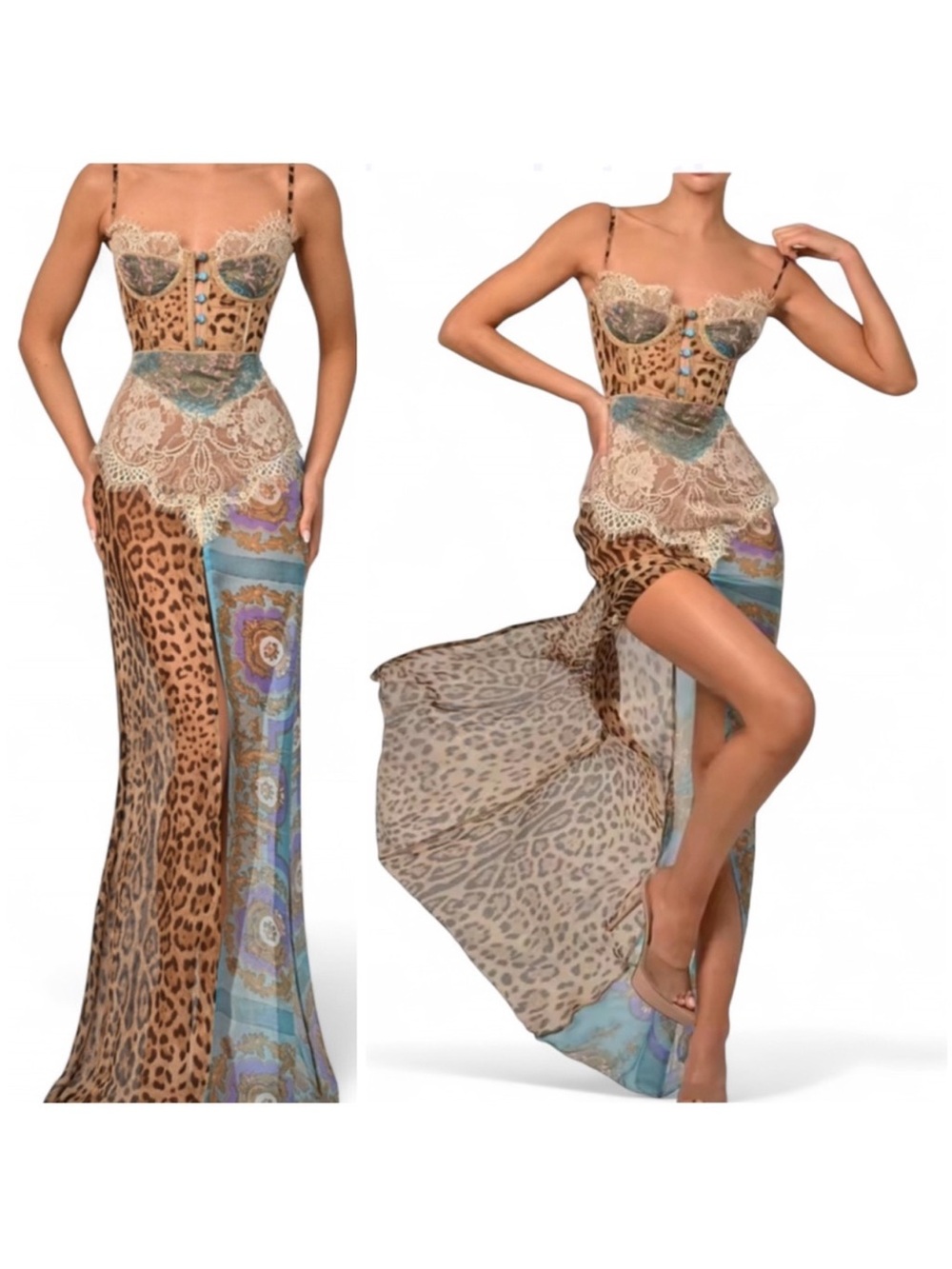 Leopard Print Lace Trim Maxi Dress with Blue Accents